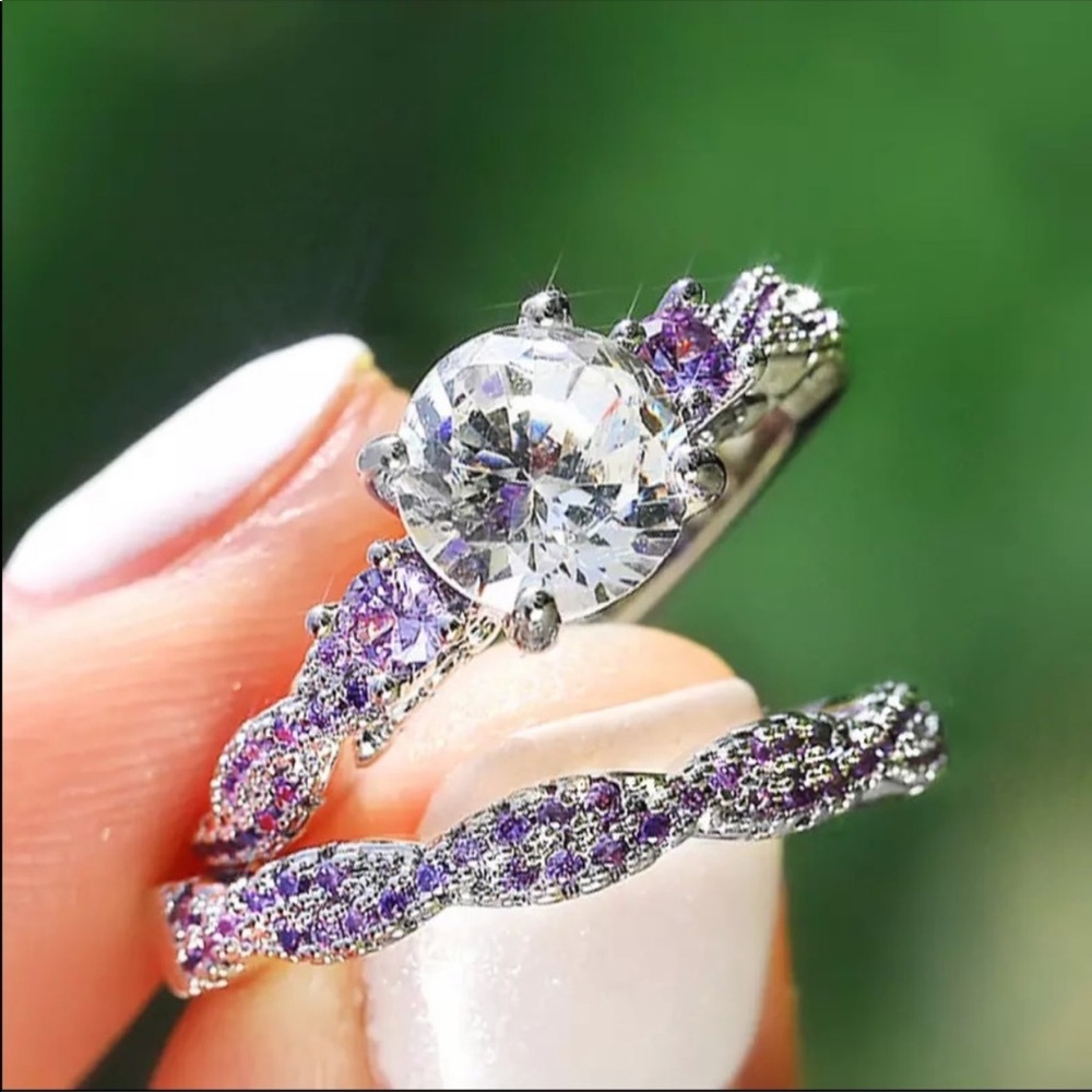 New 925 Silver Beautiful 2 pc Set CZ Women’s Ring - Picture 3 of 4
